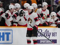 Adam Gaudette sa teší po strelenom góle v zápase NHL Nashville Predators - Ottawa Senators.