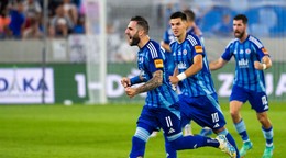 Tigran Barseghjan sa teší po strelenom góle v zápase ŠK Slovan Bratislava - Apoel Nikózia v prvom dueli 3. predkola Ligy majstrov.