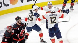 Hokejisti Floridy Panthers oslavujú gól.