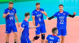 Slovenskí volejbalisti v zápase Zlatej Európskej ligy v Bratislave.