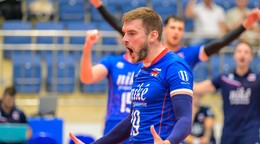 Tomáš Halanda (Slovensko) počas prípravného volejbalového zápasu mužov medzi reprezentáciami Slovenska a Čile. 