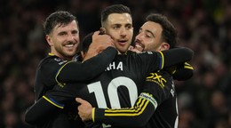 Hráči tímu Manchester United sa radujú z gólu v zápase 15. kola anglickej Premier League Wolverhampton Wanderers - Manchester United.