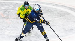 Jakub Kolenič (Žilina) a Denis Tóth (Spišská Nová Ves) bojujú o puk v zápase 54. kola hokejovej Tipsport ligy.