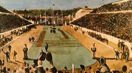 Maľba zobrazujúca finiš prvého olympijského maratónu na Panaténskom štadióne