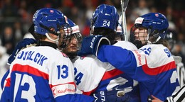 Na snímke hráči Slovenska sa tešia po druhom góle.