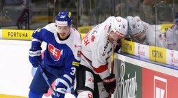 Na snímke zľava Peter Cehlárik (Slovensko) a Dario Rohrbach (Švajčiarsko) v prípravnom zápase.