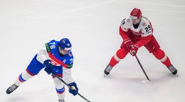 Na snímke Martin Pospíšil (Slovensko) a Mikkel Aagaard (Dánsko) bojujú o puk počas zápasu základnej B-skupiny Dánsko - Slovensko.