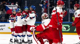 Česko oslavuje gól v zápase proti Dánsku na MS v hokeji 2026. 