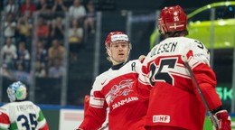 Dánsko oslavuje gól v zápase Dánsko - Taliansko na MS v hokeji 2026.