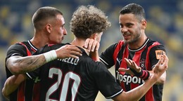 Radosť hráčov Trnavy po strelení gólu počas zápasu 9. kola Niké ligy medzi FC DAC 1904 Dunajská Streda a FC Spartak Trnava. 