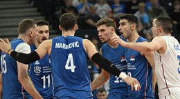 Volejbalisti Srbska v zápase proti Dánsku na ME 2026.