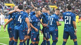 Gólová radosť hráčov Slovenska počas zápasu C-divízie Ligy národov vo futbale Slovensko - Kazachstan. 