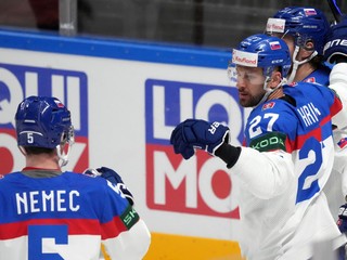 Marek Hrivík sa teší po strelenom góle v zápase Slovensko - Nórsko na MS v hokeji 2023.