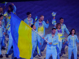 Ukrajinská výprava na otváracom ceremoniáli Európskych hier v Krakove.