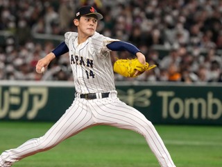 FILE - Japan's Roki Sasak pitches during a Pool B game against the Czech Republic at the World Baseball Classic at the Tokyo Dome, Japan, Saturday, March 11, 2023. (AP Photo/Eugene Hoshiko, File)