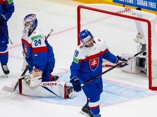 Brankár Patrik Rybár a útočník Patrik Hrehorčák v zápase Slovensko - Švédsko na MS v hokeji 2025.