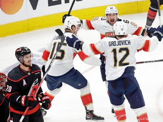 Hokejisti Floridy Panthers oslavujú gól.