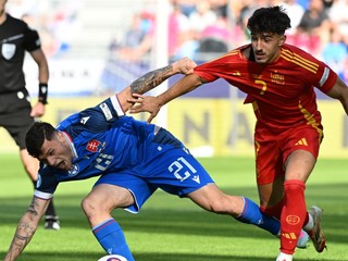 Samuel Kopásek (Slovensko) v zápase Slovensko - Španielsko v skupine A na EURO U21 2025 (ME vo futbale do 21 rokov).