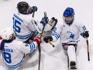 Hokejistky Výberu sveta sa radujú z víťazstva po zápase o 5.miesto na MS v parahokeji žien medzi Výber sveta - Austrália.