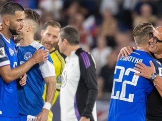 Radosť slovenských futbalistov po víťazstve 2:0 nad Nemeckom.