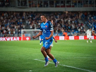 Dávid Strelec oslavuje gól v zápase Slovensko - Nemecko (Kvalifikácia MS 2026)