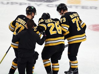 Hampus Lindholm a Charlie McAvoy pomáhajú Eliasovi Lindholmovi dostať sa z ľadu počas druhej tretiny zápasu proti tímu Buffalu.