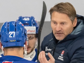 Tréner slovenskej hokejovej reprezentácie Vladimír Országh a kapitán tímu Marek Hrivík.