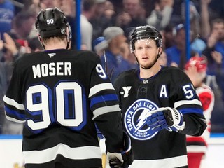 J.J. Moser oslavuje gól s Jakeom Guentzelom.