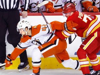 Hráč Anaheim Ducks Tim Washe (42) bojuje s Martinom Pospíšilom z Calgary Flames.