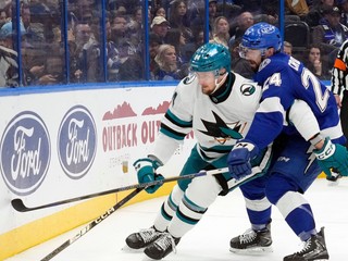 Slovenský hokejista Pavol Regenda (vľavo) v zápase Tampa Bay Lightning - San Jose Sharks.