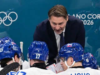 Tréner Vladimír Országh rozdáva pokyny slovenským hokejistom v zápase proti Fínsku. 