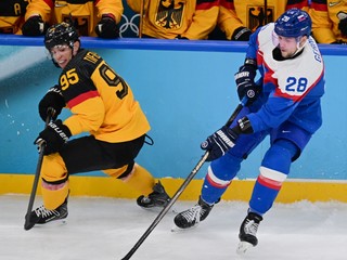 Martin Gernát (Slovensko) a Frederik Tiffels (Nemecko) bojujú o puk vo štvrťfinálovom zápase Slovensko - Nemecko.