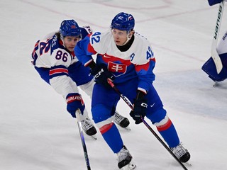 Na snímke sprava Martin Fehérváry (Slovensko) a Jack Hughes (USA).