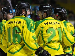 Hráči Žiliny sa radujú z gólu v zápase 54. kola hokejovej Tipsport ligy medzi Vlci Žilina a HK Spišská Nová Ves.