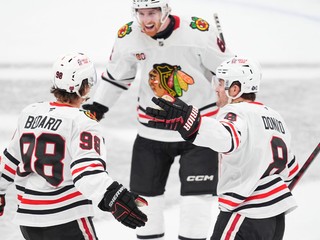 Chicago Blackhawks oslavujú gól. 