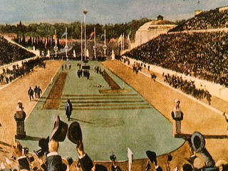 Maľba zobrazujúca finiš prvého olympijského maratónu na Panaténskom štadióne