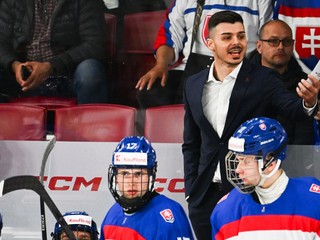 Hlavný tréner Slovenska Martin Dendis (hore vpravo) počas zápasu základnej A-skupiny medzi Kanadou a Slovenskom.
