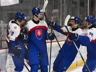 Na snímke hráči Slovenska sa tešia po prvom góle.