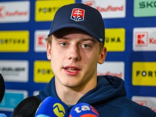 Na snímke hokejista Luka Radivojevič sa rozpráva s médiami počas zrazu slovenskej hokejovej reprezentácie v Bratislave.