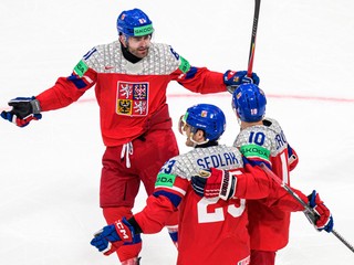 Radosť českých hokejistov po góle v zápase proti Slovensku.