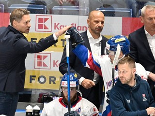 Tréner slovenskej hokejovej reprezentácie Vladimír Országh gestikuluje na striedačke počas prípravného stretnutia Slovensko - Lotyšsko.