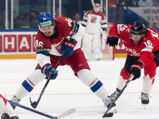 David Tomášek a Connor Brown počas zápasu Česko - Kanada na MS v hokeji 2026. 