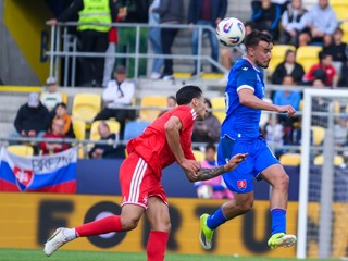 Kurt Shaw (Malta) a Dávid Strelec (Slovensko) počas prípravného futbalového zápasu Slovensko - Malta.
