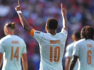 Francúzsky futbalista Kylian Mbappé sa teší z gólu do siete Maroka na MS 2026.