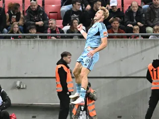 Hráč Slovana Adam Griger sa teší z gólu počas zápasu 11. kola Niké ligy medzi FC Spartak Trnava a ŠK Slovan Bratislava.