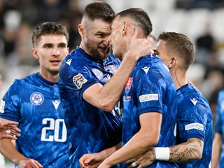 Gólová radosť futbalistov Slovenska počas zápasu C-divízie Ligy národov Faerské ostrovy - Slovensko.