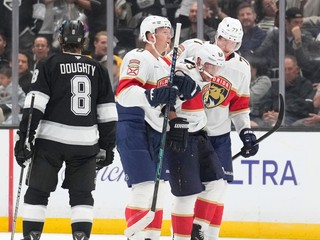Ľavé krídlo tímu Florida Panthers Brad Marchand (druhý sprava) je po zranení odprevádzaný z ľadu ľavým krídelníkom Bradym Tkachukom (druhý zľava) a obrancom Nikom Mikkolom.