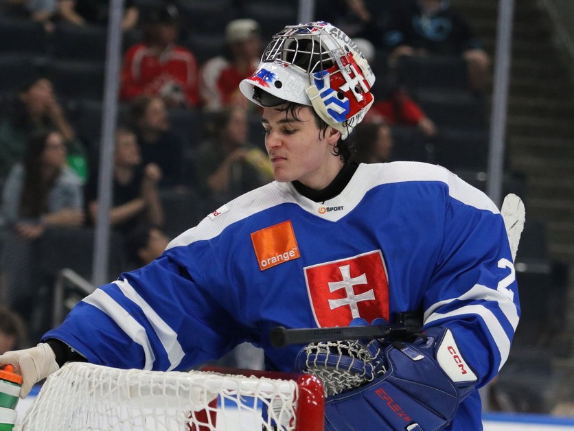 Michal Prádel v zápase Slovensko - Kanada na turnaju Hlinka Gretzky Cup 2024.