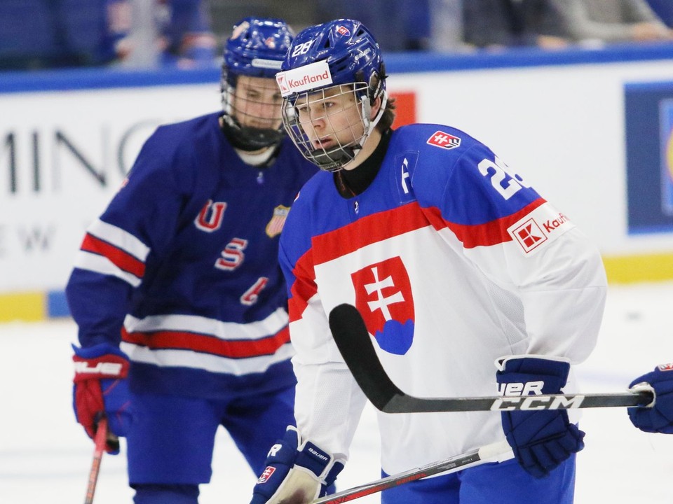 Tobias Pitka v semifinálovom zápasom Slovensko - USA na MS v hokeji hráčov do 18 rokov.