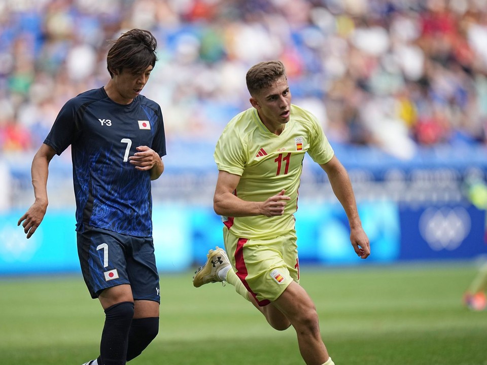 Španielsky futbalista Fermín López strelil gól Japonsku vo štvrťfinále OH v Paríži 2024.